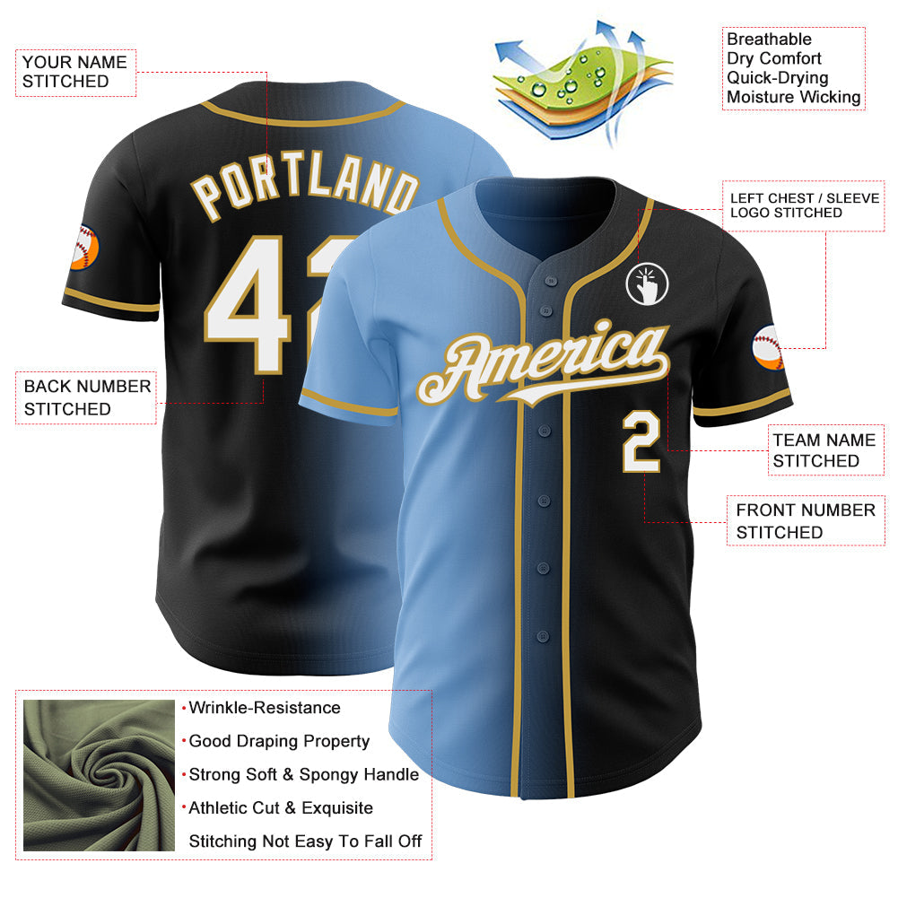 Custom Black White Light Blue-Old Gold Authentic Gradient Fashion Baseball Jersey - Sky-Custom