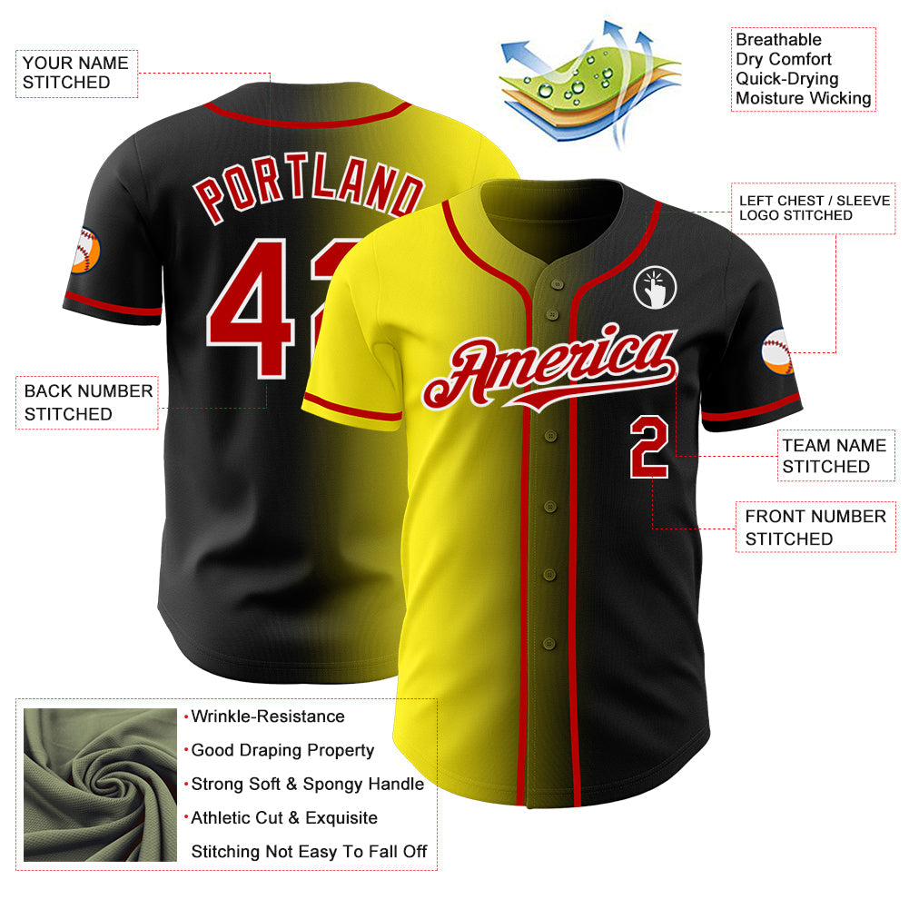 Custom Black Red Light Yellow-White Authentic Gradient Fashion Baseball Jersey - Sky-Custom