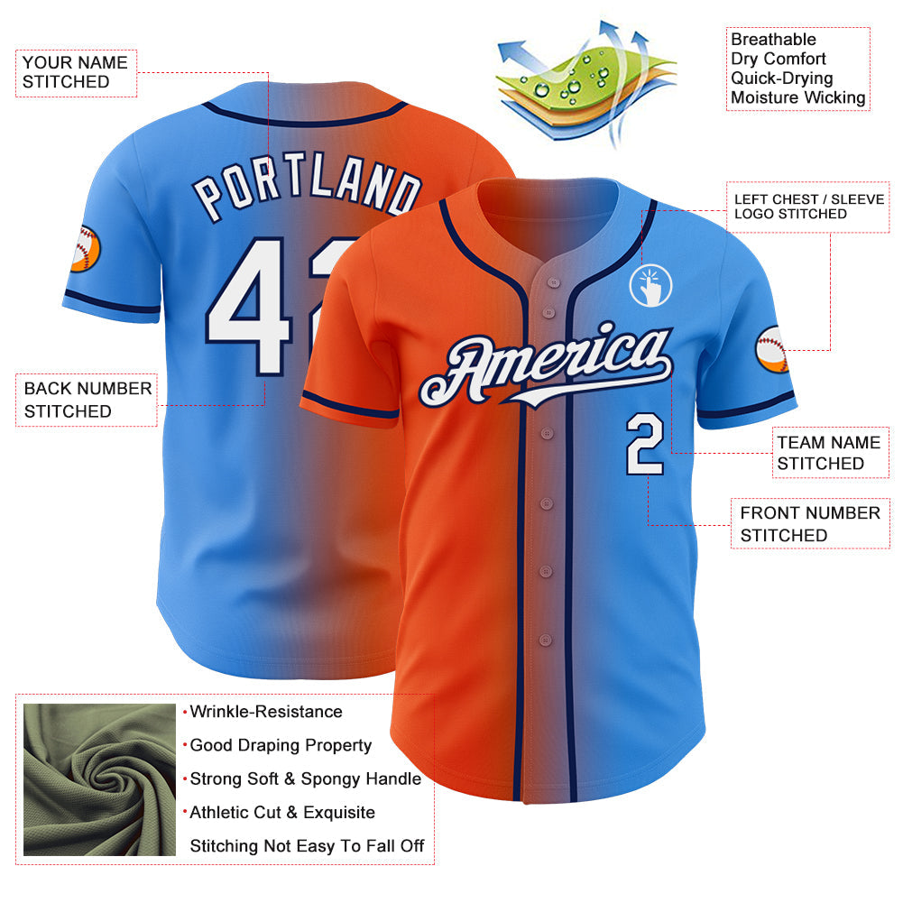 Custom Electric Blue White Orange-Navy Authentic Gradient Fashion Baseball Jersey - Sky-Custom