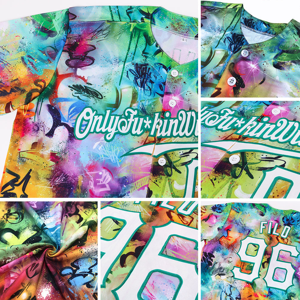 Custom Scratch Graffiti Pattern White-Kelly Green 3D Authentic Baseball Jersey - Sky-Custom