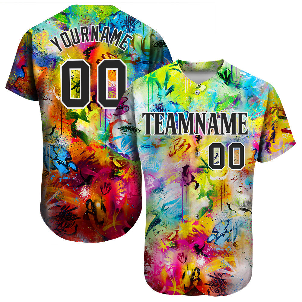 Custom Scratch Graffiti Pattern Black-White 3D Authentic Baseball Jersey - Sky-Custom