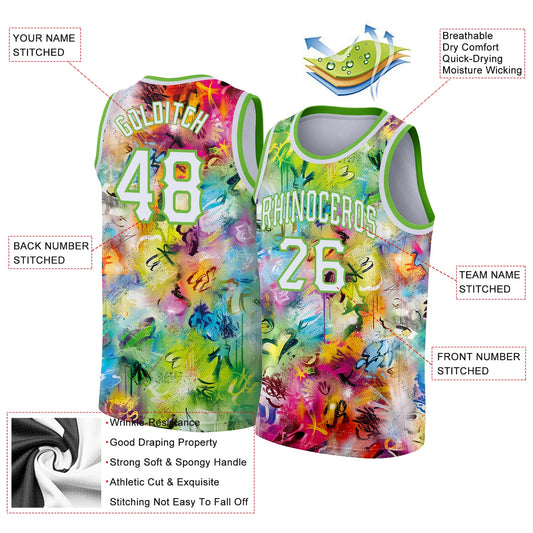 Custom Scratch Graffiti Pattern White-Neon Green 3D Authentic Basketball Jersey - Sky-Custom