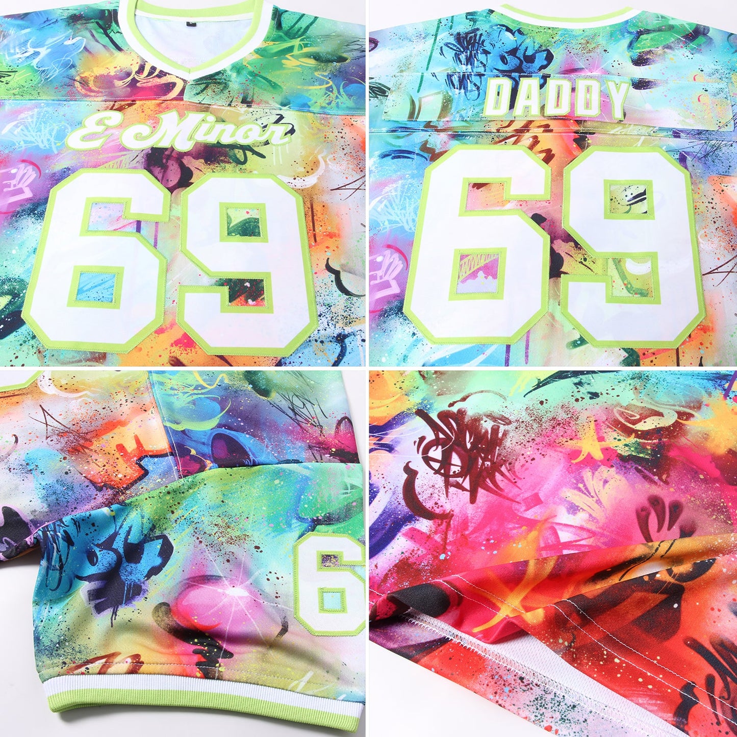 Custom Graffiti Pattern White-Neon Green 3D Mesh Authentic Throwback Football Jersey - Sky-Custom