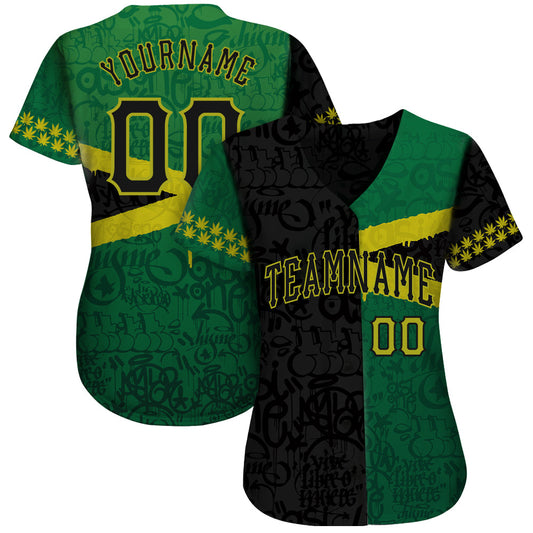 Custom Graffiti Pattern Black-Green 3D Jamaica Authentic Baseball Jersey - Sky-Custom