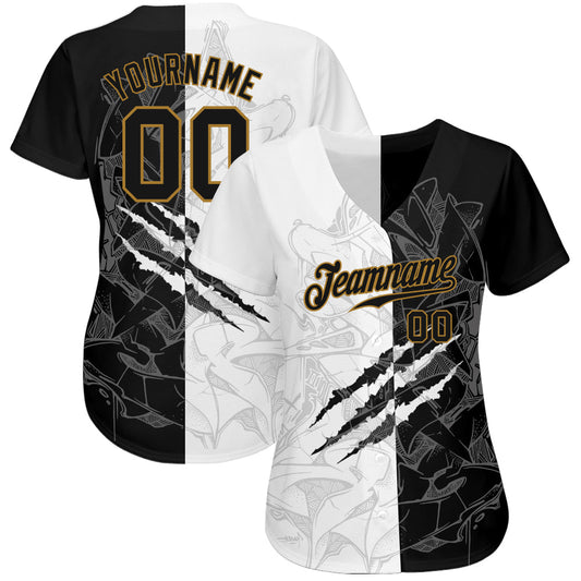 Custom Graffiti Pattern Black-Old Gold 3D Authentic Baseball Jersey - Sky-Custom