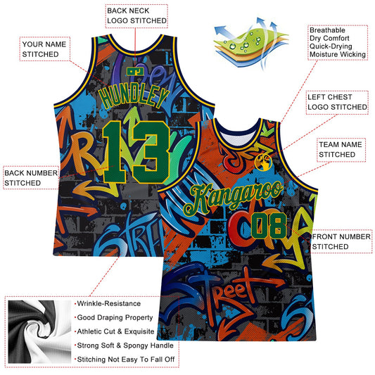 Custom Graffiti Pattern Kelly Green-Gold 3D Geometric Authentic Basketball Jersey - Sky-Custom
