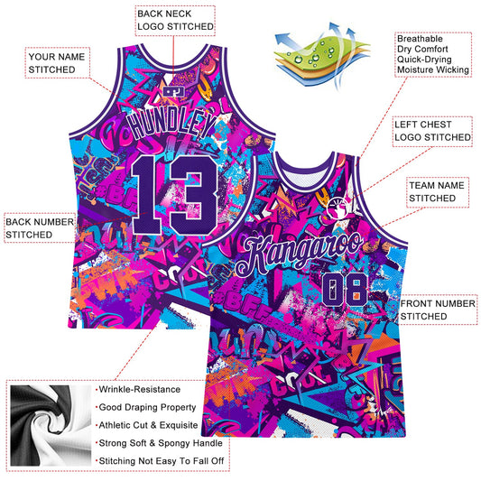 Custom Graffiti Pattern Purple-White 3D Words Authentic Basketball Jersey - Sky-Custom