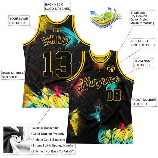 Custom Graffiti Pattern Black-Gold 3D Authentic Basketball Jersey - Sky-Custom