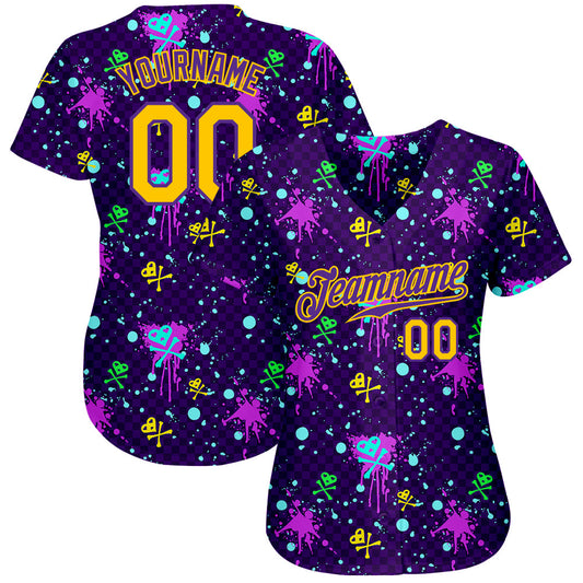 Custom Graffiti Pattern Gold-Purple 3D Clashing Colors Paint-Splatter Authentic Baseball Jersey - Sky-Custom