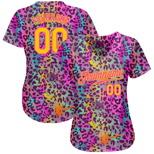 Custom Graffiti Pattern Gold-Pink 3D Colorful Leopard Authentic Baseball Jersey - Sky-Custom