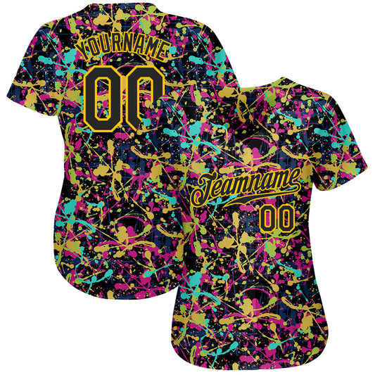 Custom Graffiti Pattern Black-Gold 3D Grunge Shabby Authentic Baseball Jersey - Sky-Custom