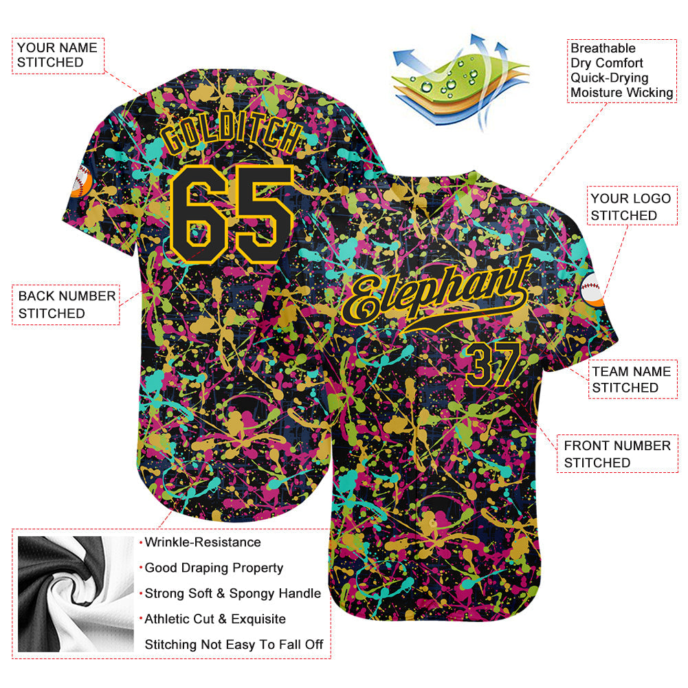 Custom Graffiti Pattern Black-Gold 3D Grunge Shabby Authentic Baseball Jersey - Sky-Custom