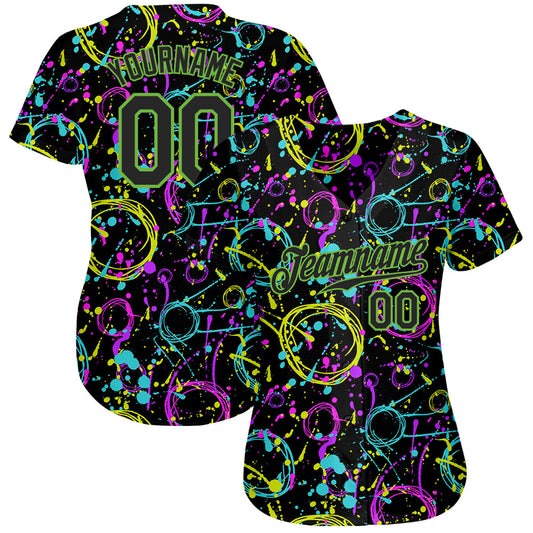 Custom Graffiti Pattern Black-Neon Green 3D Neon Splatter Authentic Baseball Jersey - Sky-Custom