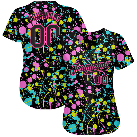 Custom Graffiti Pattern Black-Pink 3D Neon Splatter Authentic Baseball Jersey - Sky-Custom