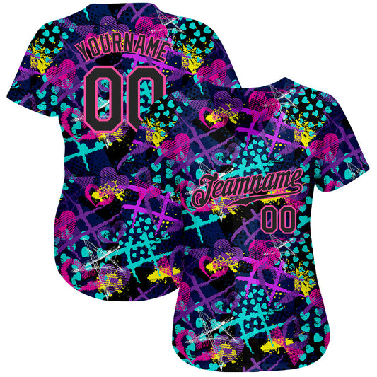 Custom Graffiti Pattern Black-Pink 3D Creative Hearts Stars Geometric Figures Authentic Baseball Jersey - Sky-Custom