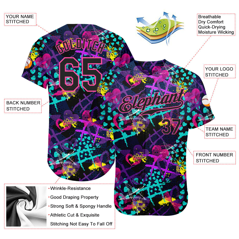 Custom Graffiti Pattern Black-Pink 3D Creative Hearts Stars Geometric Figures Authentic Baseball Jersey - Sky-Custom