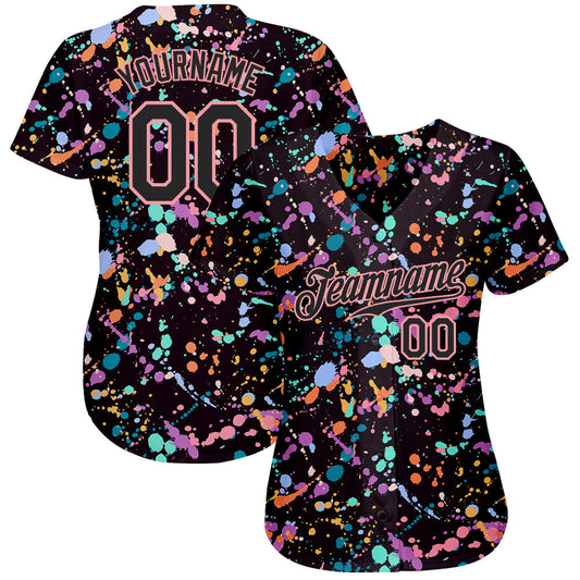 Custom Graffiti Pattern Black-Medium Pink 3D Expressive Splatter Authentic Baseball Jersey - Sky-Custom