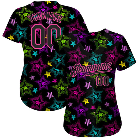 Custom Graffiti Pattern Black-Pink 3D Creative Colorful Stars Authentic Baseball Jersey - Sky-Custom