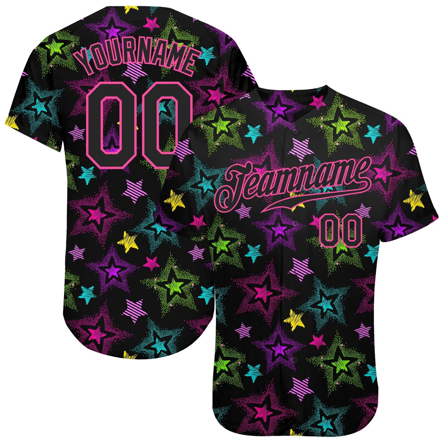 Custom Graffiti Pattern Black-Pink 3D Creative Colorful Stars Authentic Baseball Jersey - Sky-Custom