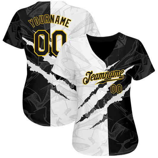 Custom Graffiti Pattern Black-Gold 3D Scratch Authentic Baseball Jersey - Sky-Custom