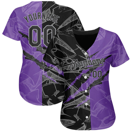 Custom Graffiti Pattern Black Purple-Gray 3D Scratch Authentic Baseball Jersey - Sky-Custom