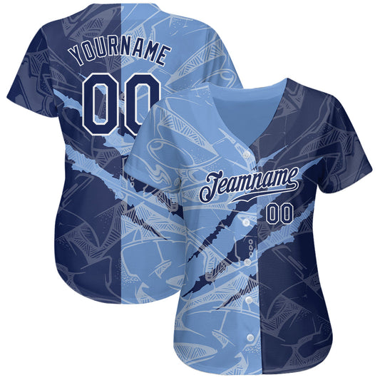Custom Graffiti Pattern Navy-Light Blue 3D Scratch Authentic Baseball Jersey - Sky-Custom