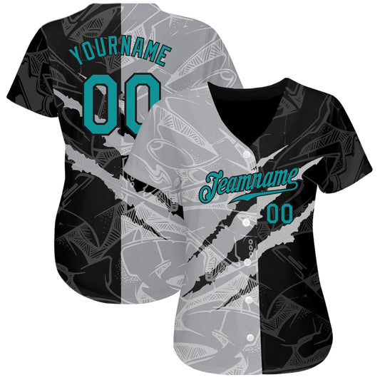 Custom Graffiti Pattern Teal Gray-Black 3D Scratch Authentic Baseball Jersey - Sky-Custom