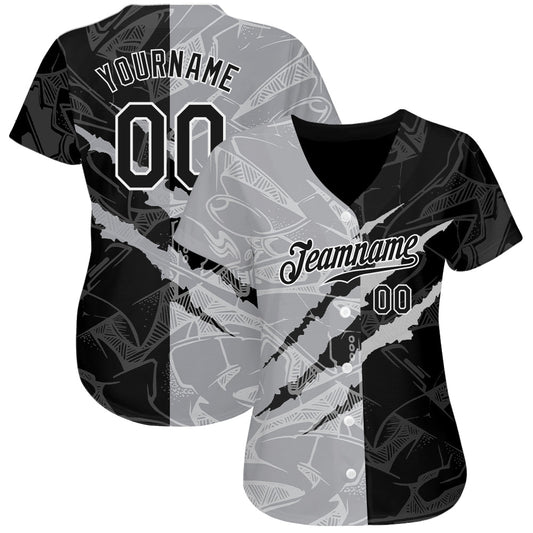 Custom Graffiti Pattern Black-Gray 3D Scratch Authentic Baseball Jersey - Sky-Custom