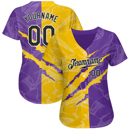Custom Graffiti Pattern Black Yellow-Purple 3D Scratch Authentic Baseball Jersey - Sky-Custom
