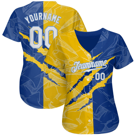 Custom Graffiti Pattern White Yellow Royal-Light Blue 3D Scratch Authentic Baseball Jersey - Sky-Custom