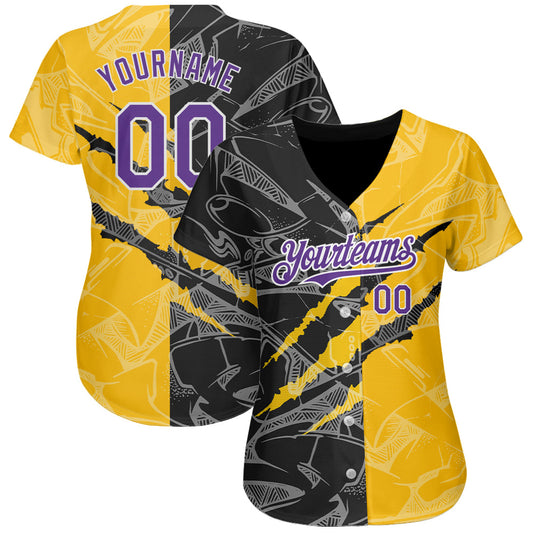 Custom Graffiti Pattern Purple Yellow-Black 3D Scratch Authentic Baseball Jersey - Sky-Custom