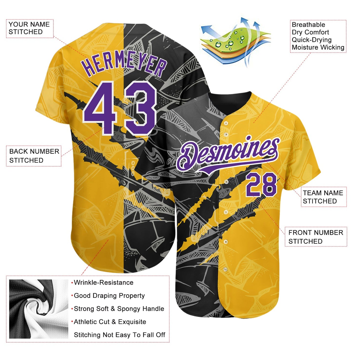 Custom Graffiti Pattern Purple Yellow-Black 3D Scratch Authentic Baseball Jersey - Sky-Custom