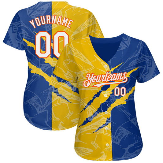 Custom Graffiti Pattern White Royal Yellow-Orange 3D Scratch Authentic Baseball Jersey - Sky-Custom