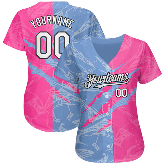 Custom Graffiti Pattern White Pink Light Blue-Black 3D Scratch Authentic Baseball Jersey - Sky-Custom