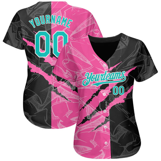 Custom Graffiti Pattern Aqua Black-Pink 3D Scratch Authentic Baseball Jersey - Sky-Custom
