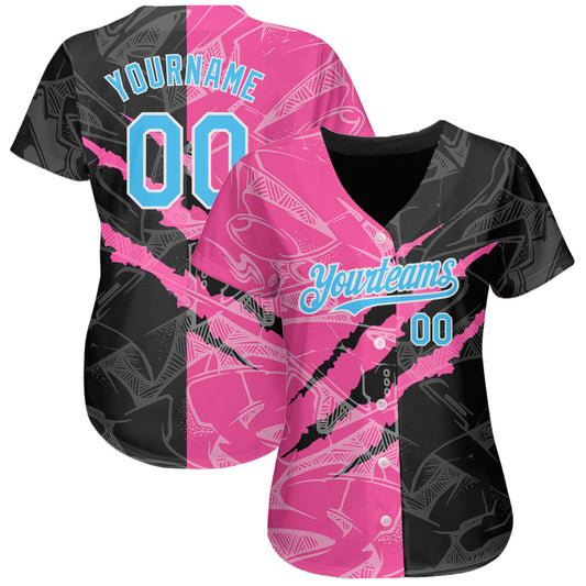 Custom Graffiti Pattern Sky Blue Black-Pink 3D Scratch Authentic Baseball Jersey - Sky-Custom