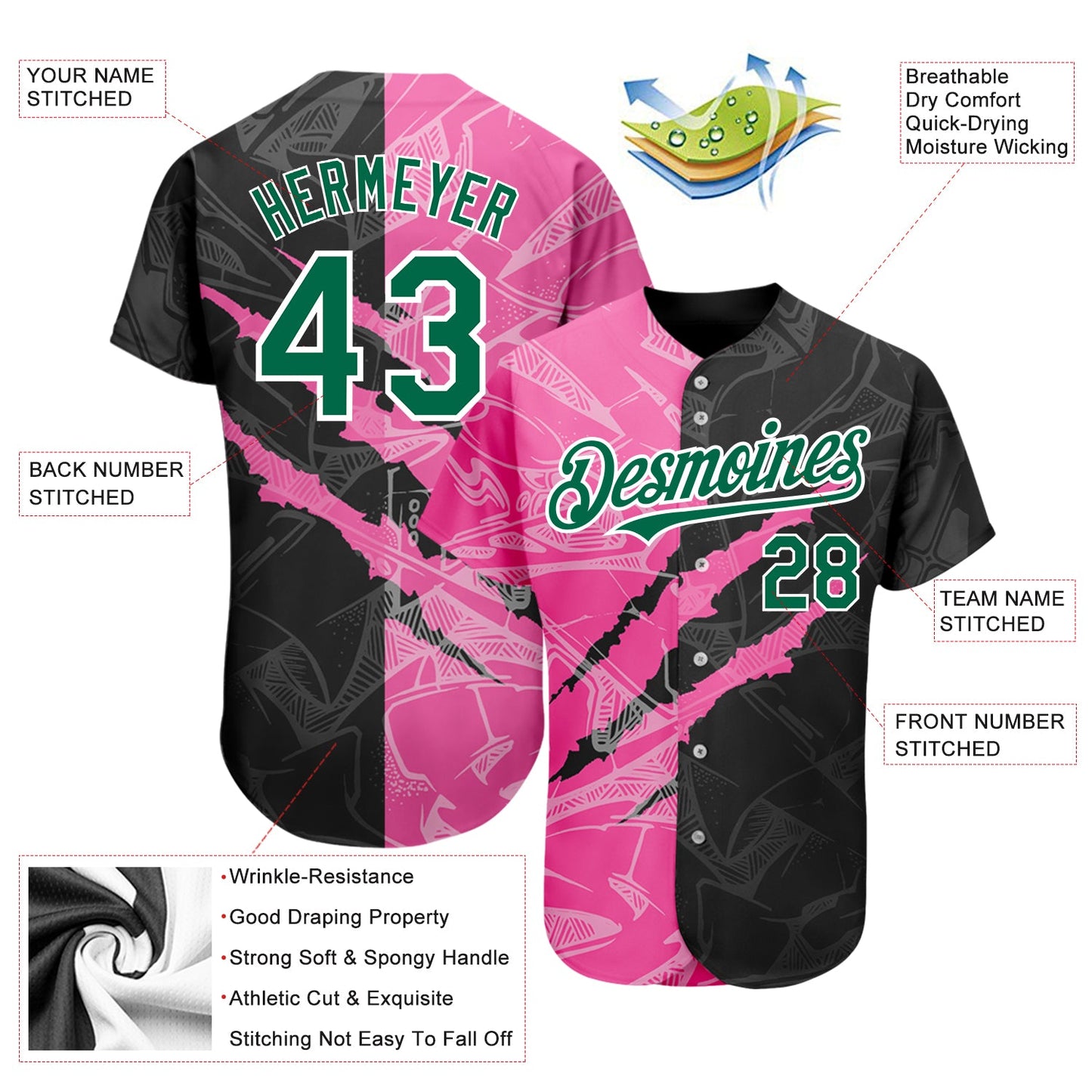 Custom Graffiti Pattern Kelly Green Black-Pink 3D Scratch Authentic Baseball Jersey - Sky-Custom