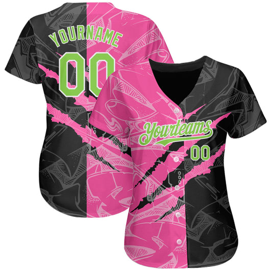 Custom Graffiti Pattern Neon Green Black-Pink 3D Scratch Authentic Baseball Jersey - Sky-Custom