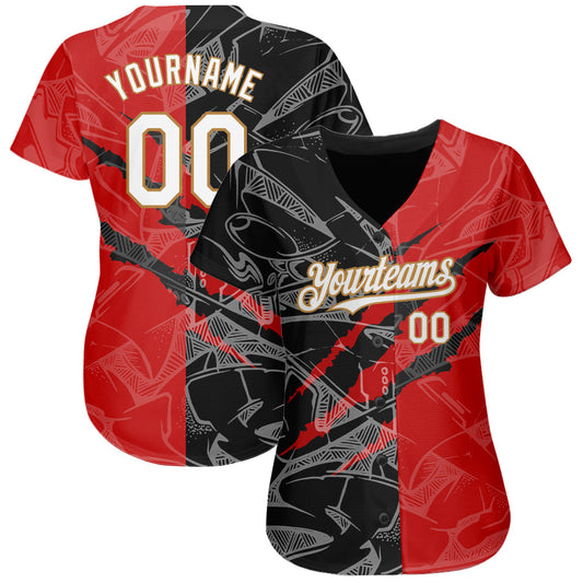 Custom Graffiti Pattern White Red Black-Old Gold 3D Scratch Authentic Baseball Jersey - Sky-Custom