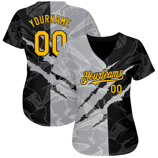 Custom Graffiti Pattern Gold Black-Gray 3D Scratch Authentic Baseball Jersey - Sky-Custom