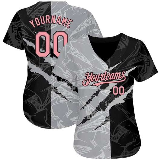 Custom Graffiti Pattern Medium Pink Black-Gray 3D Scratch Authentic Baseball Jersey - Sky-Custom