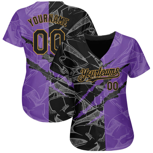 Custom Graffiti Pattern Black Purple-Old Gold 3D Scratch Authentic Baseball Jersey - Sky-Custom
