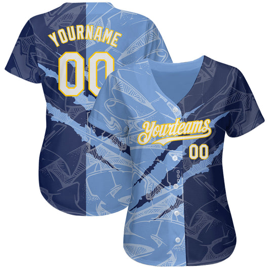 Custom Graffiti Pattern White Navy Light Blue-Yellow 3D Scratch Authentic Baseball Jersey - Sky-Custom
