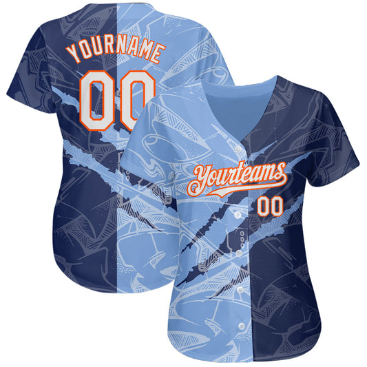 Custom Graffiti Pattern White Navy Light Blue-Orange 3D Scratch Authentic Baseball Jersey - Sky-Custom
