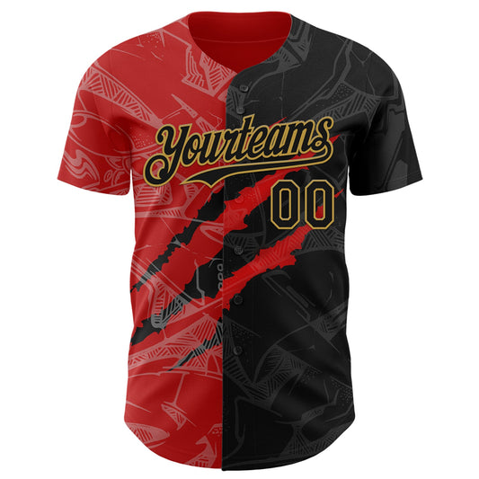 Custom Graffiti Pattern Black Red-Old Gold 3D Scratch Authentic Baseball Jersey - Sky-Custom