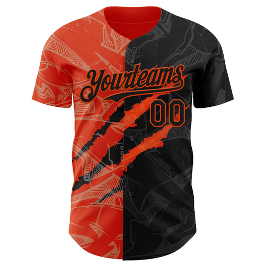 Custom Graffiti Pattern Black-Orange 3D Scratch Authentic Baseball Jersey - Sky-Custom