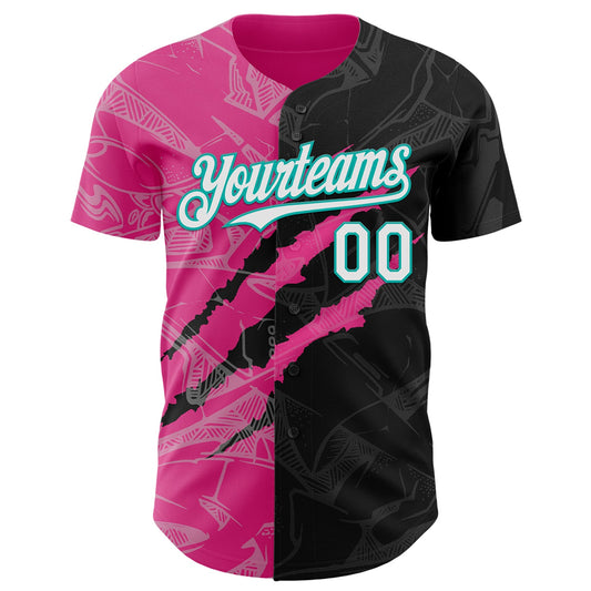 Custom Graffiti Pattern White Black Pink-Aqua 3D Scratch Authentic Baseball Jersey - Sky-Custom