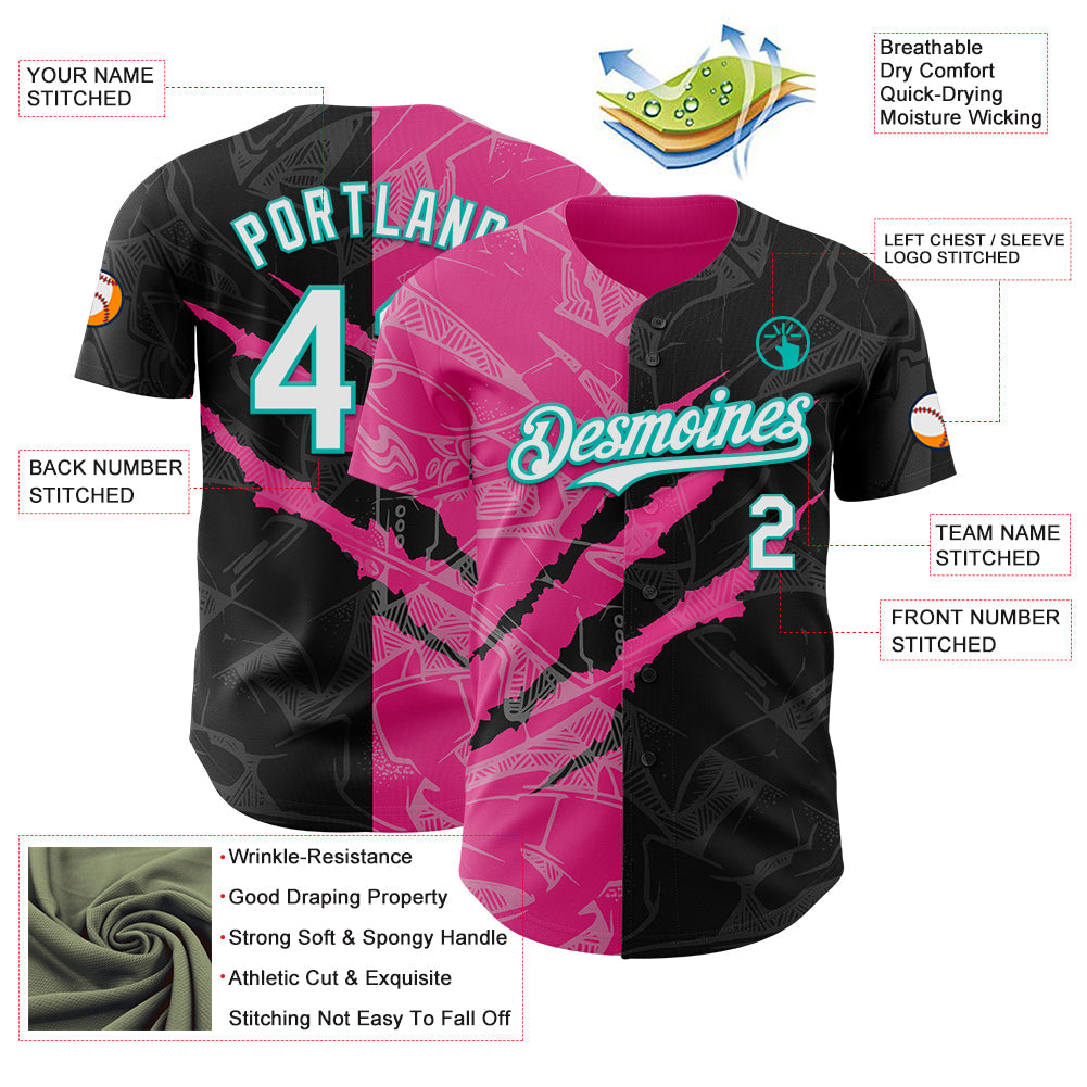 Custom Graffiti Pattern White Black Pink-Aqua 3D Scratch Authentic Baseball Jersey - Sky-Custom