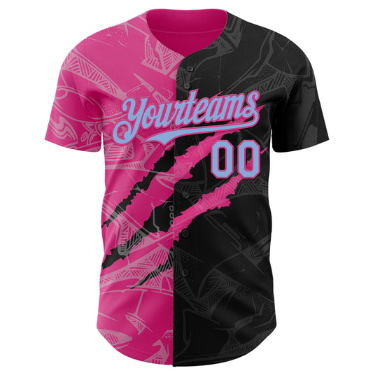 Custom Graffiti Pattern Light Blue Black-Pink 3D Scratch Authentic Baseball Jersey - Sky-Custom