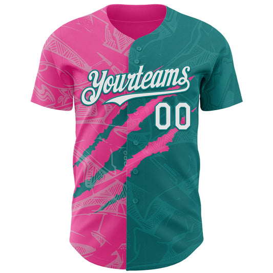 Custom Graffiti Pattern White Teal-Pink 3D Scratch Authentic Baseball Jersey - Sky-Custom